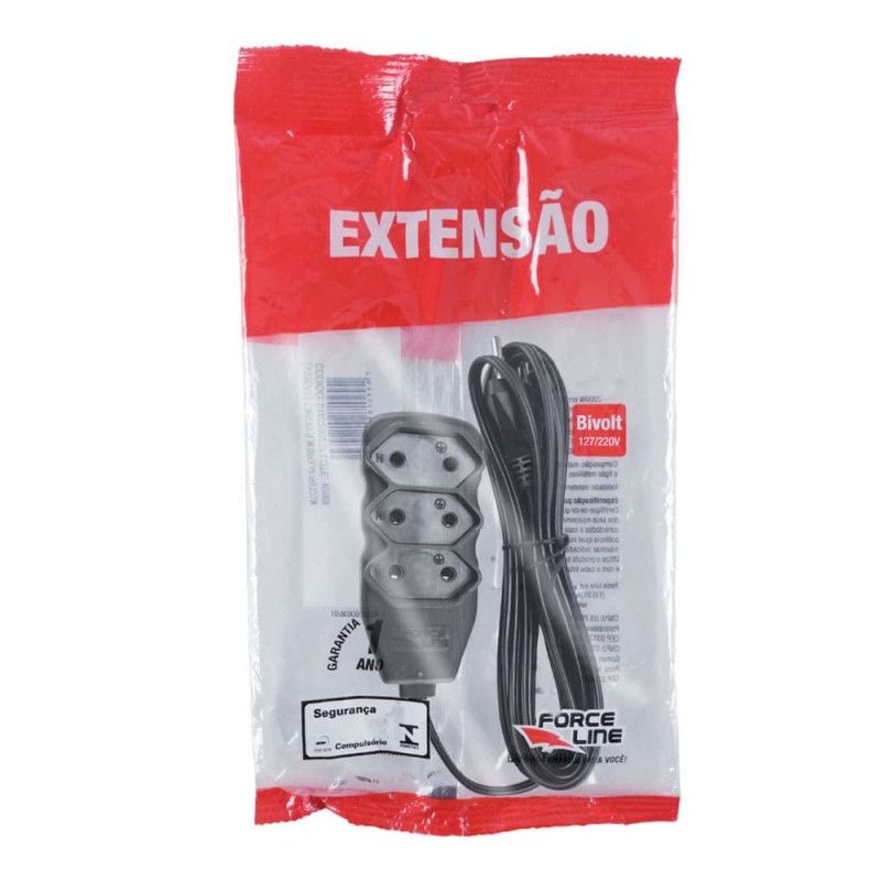 EXTENSAO 3 TOMADAS 1 METRO BIPOLAR PRETO FORCE LINE- REF. 0180200236 - 1 UNIDADE