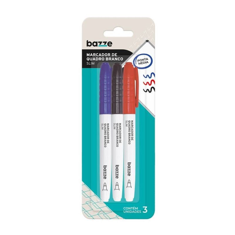 PINCEL QUADRO BRANCO SLIM AZUL/VERMELHO/PRETO COM 3 BAZZE - REF. 901798 - 1 UNIDADE