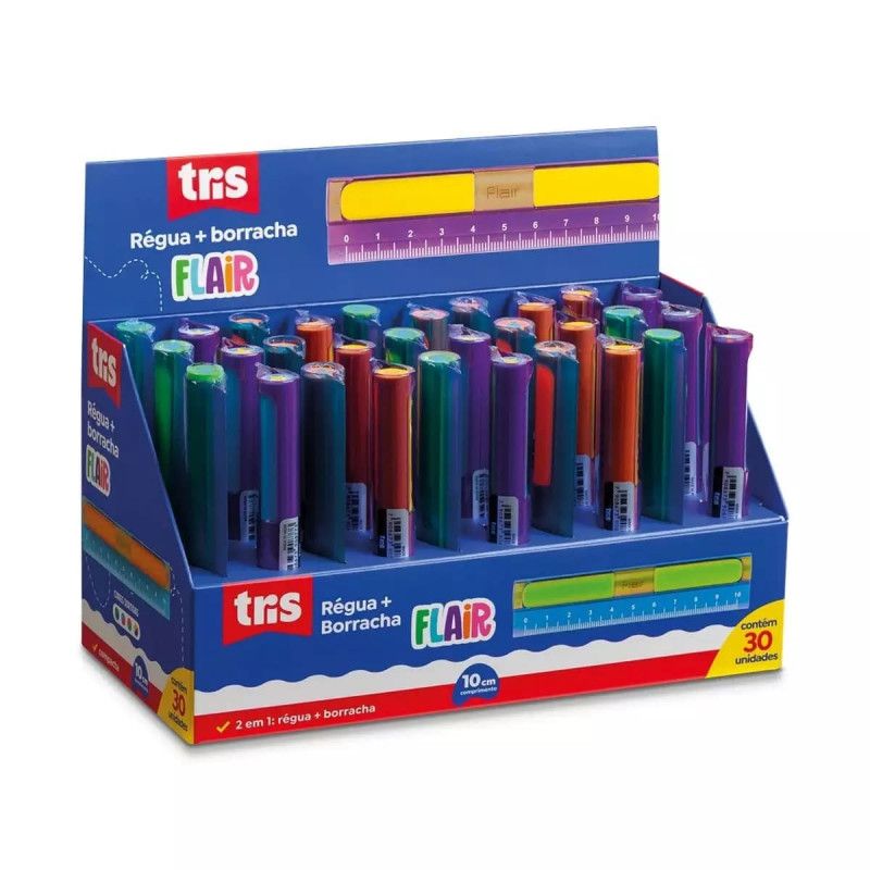 REGUA 10CM PLASTICA COM BORRACHA TRIS - REF. 908537 - CAIXA COM 30 UNIDADES