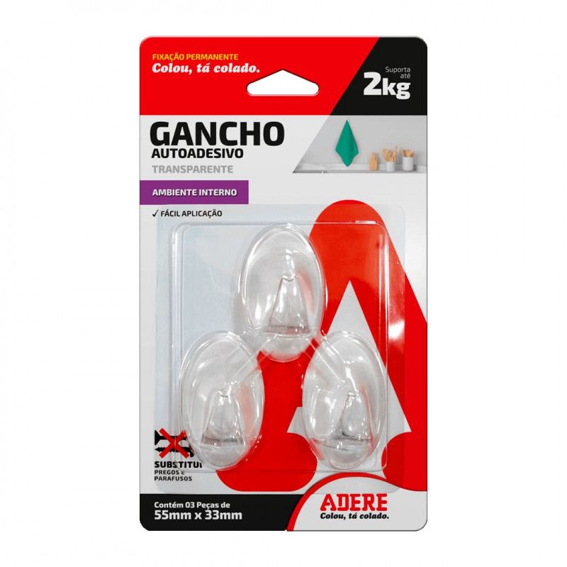 GANCHO AUTOADESIVO TRANSPARENTE MEDIO COM 3 ADERE - REF. 61801180177 - 1 UNIDADE