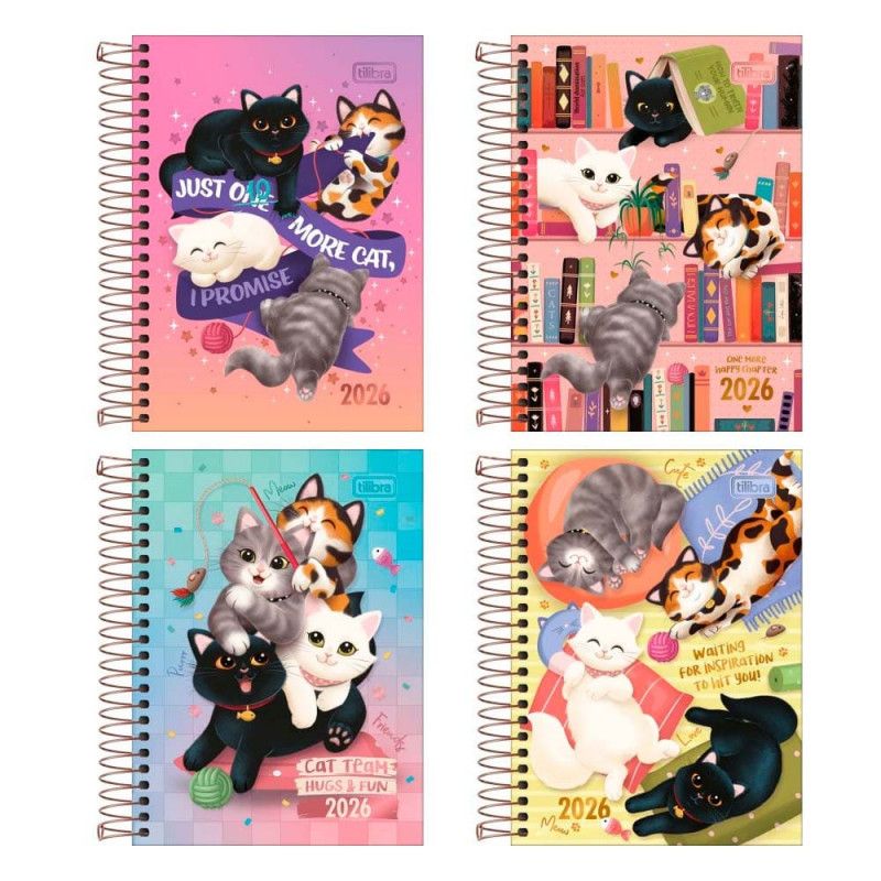 AGENDA ESPIRAL PURRFECT CATS M3 TILIBRA 2026 - REF. 393835 - PACOTE COM 4 UNIDADES 