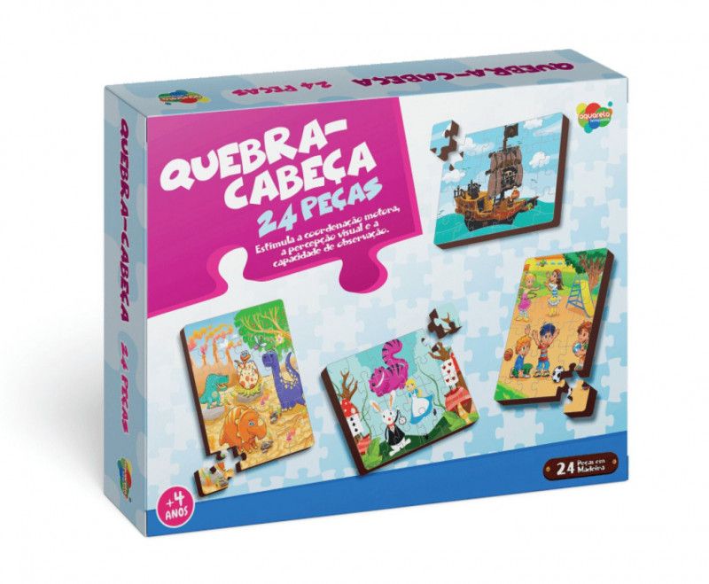 QUEBRA CABECA SORTIDO 24 PECAS MADEIRA AQUARELA - DINOSSAURO - 1 UNIDADE
