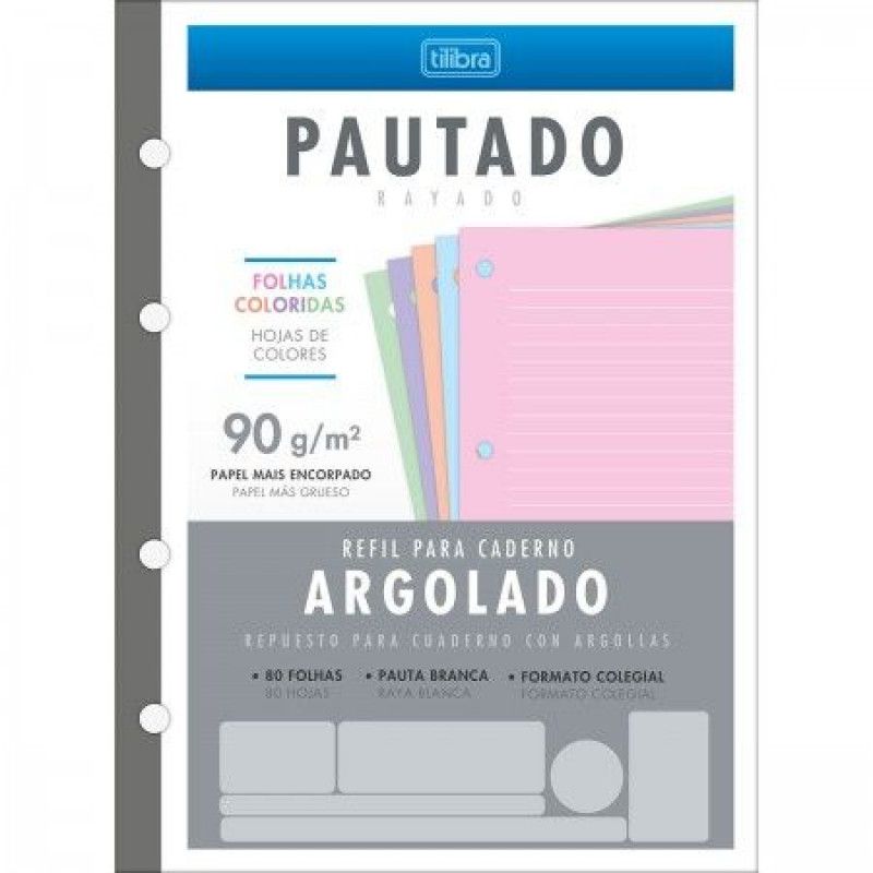 BLOCO PARA FICHARIO 80FL COLEGIAL ARGOLADO COLOR 90G TILIBRA - REF. 34292 - PACOTE COM 5 UNIDADES