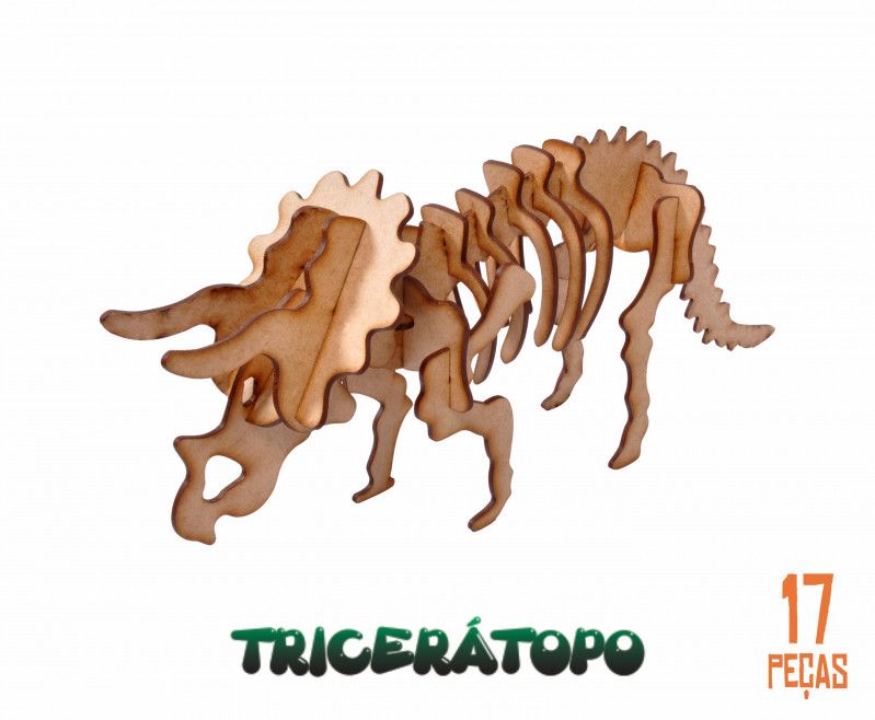QUEBRA CABECA 3D DINOSSAUROS 17 PECAS MADEIRA - TRICERATOPO - 1 UNIDADE