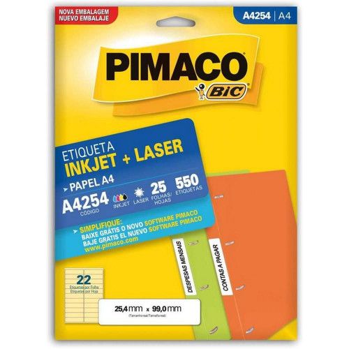ETIQUETA LASER A4 254 25 FOLHAS PIMACO - REF. A4 254 - 1 UNIDADE