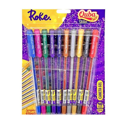 CANETA GEL 1.0 QUBA GLITTER COM 10 CORES ROKE - REF. 7080023 - 1 UNIDADE